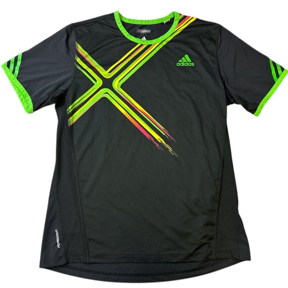 Adidas Adizero Short Sleeve Shirt Men's Sz L Black Neon Comfort Performance - Picture 1 of 15